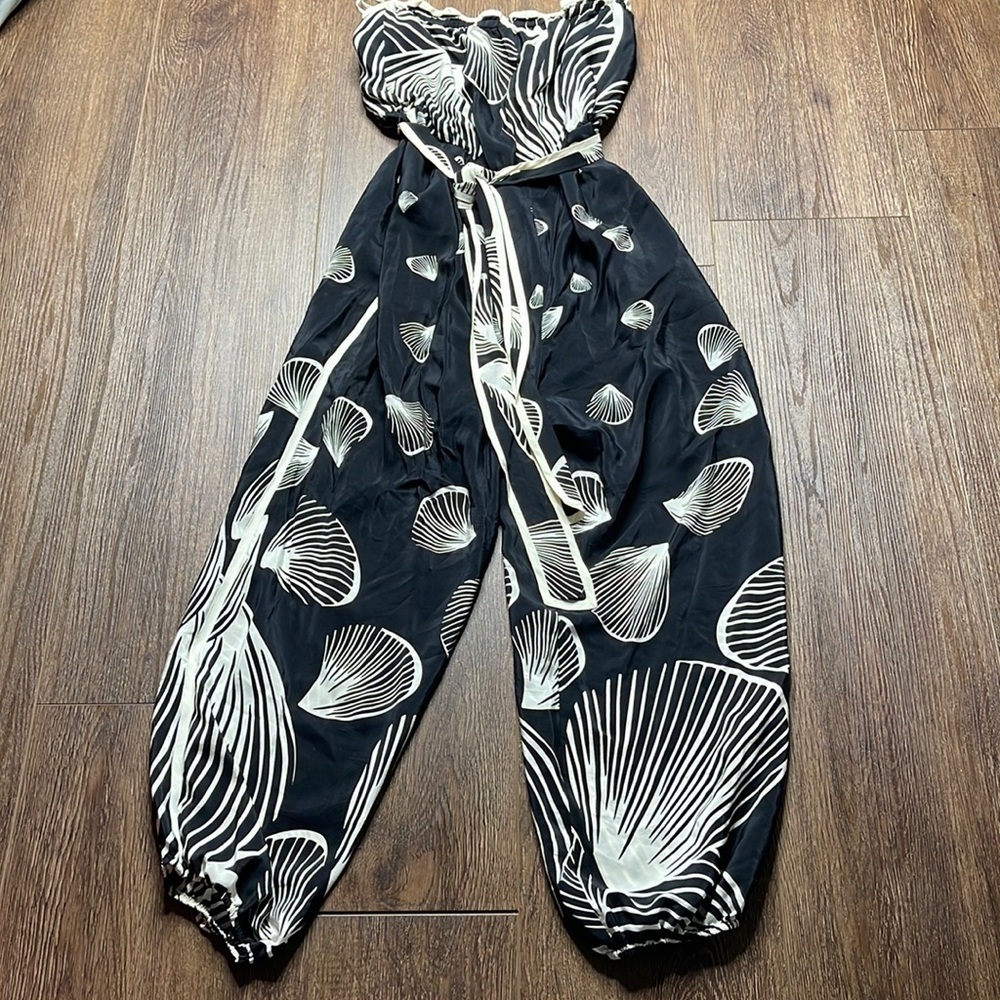 Tibi - Black & White Seashell Printed Strapless Silk Jumpsuit